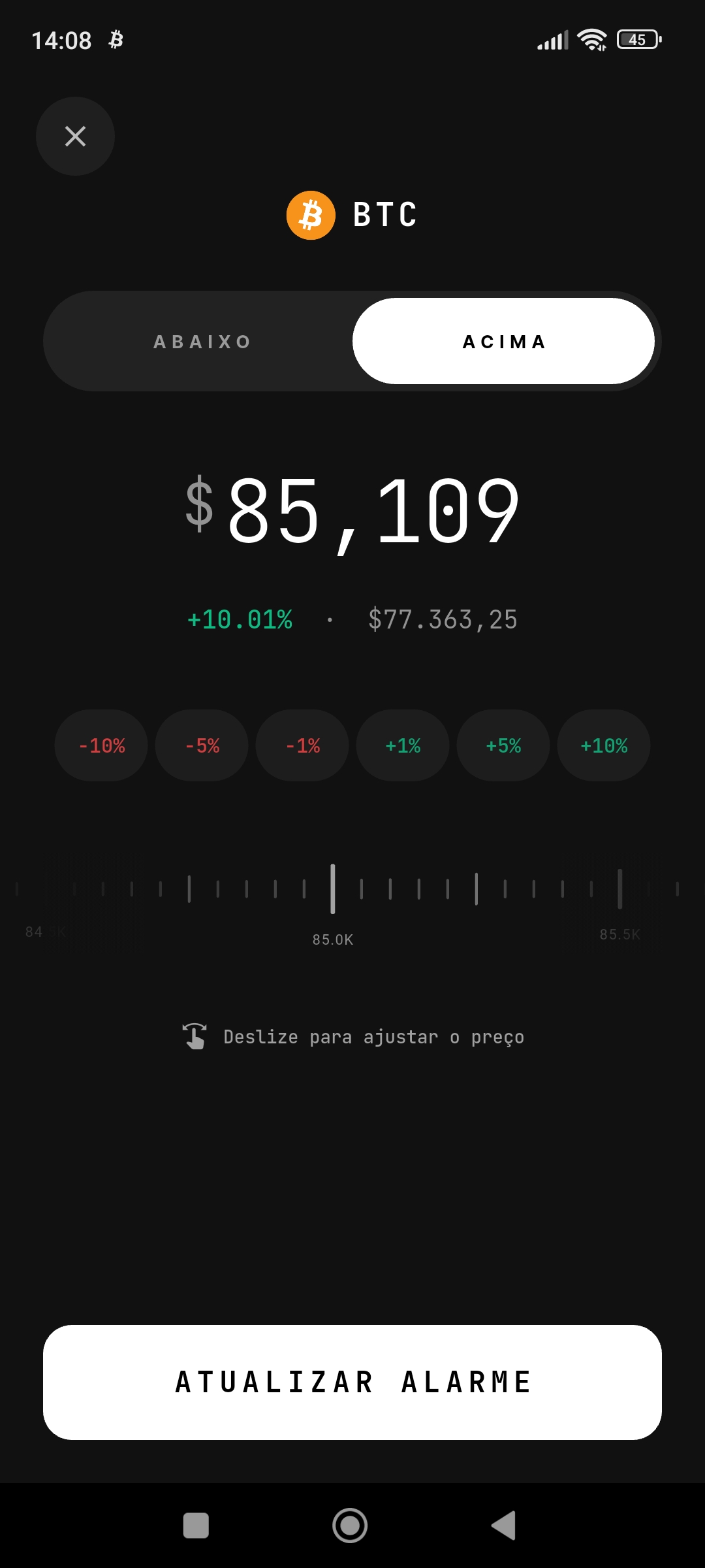 Price alarm creation screen in Alarm Crypto