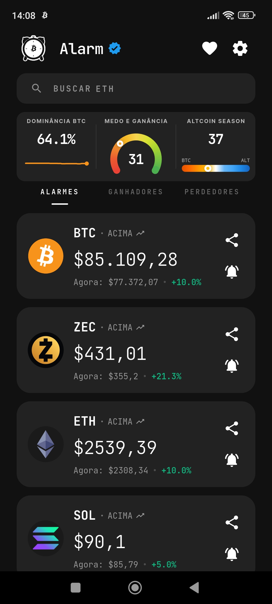 Alarm Crypto home screen with active alarms