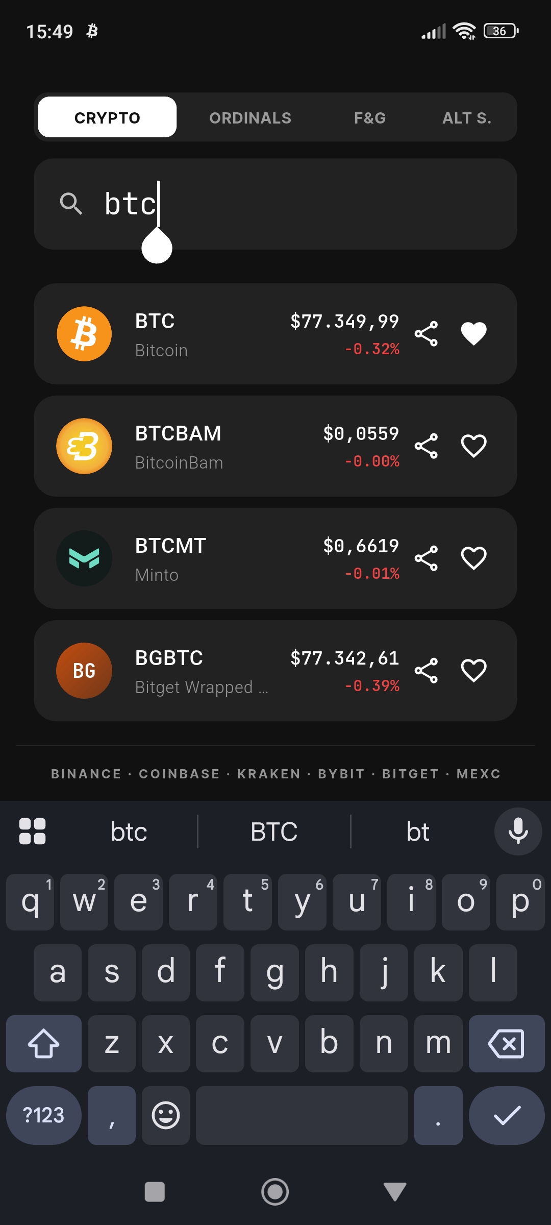 Cryptocurrency search screen in Alarm Crypto