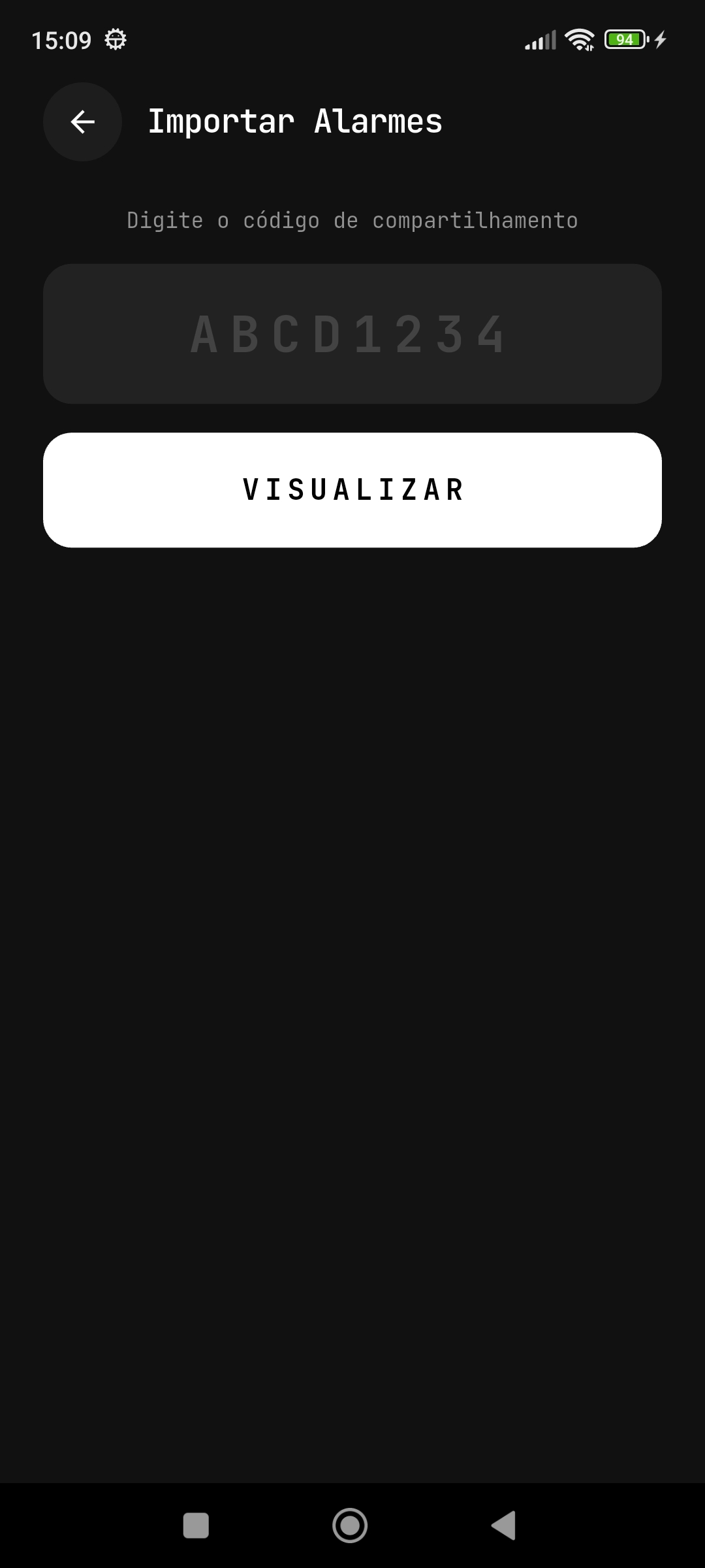 Tela de importar alarmes com campo para digitar o código de compartilhamento