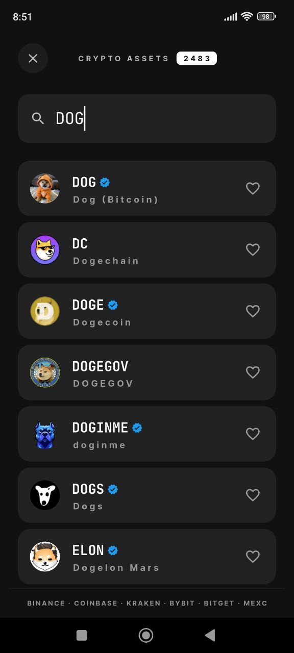 Tela de busca de criptomoedas no Alarm Crypto