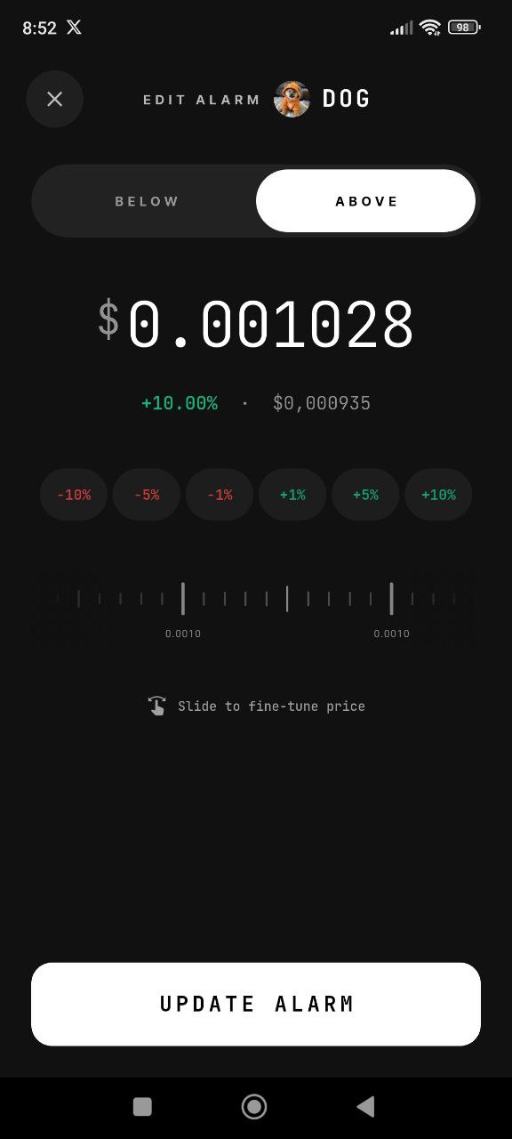 Tela de criação de alarme de preço no Alarm Crypto